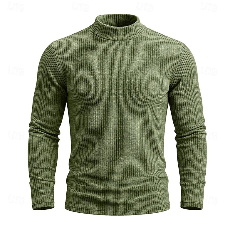 Men's military green ribbed mock neck top, flat lay product shot