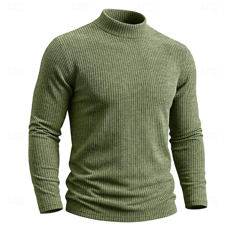 Men's military green ribbed mock neck top, angled product shot