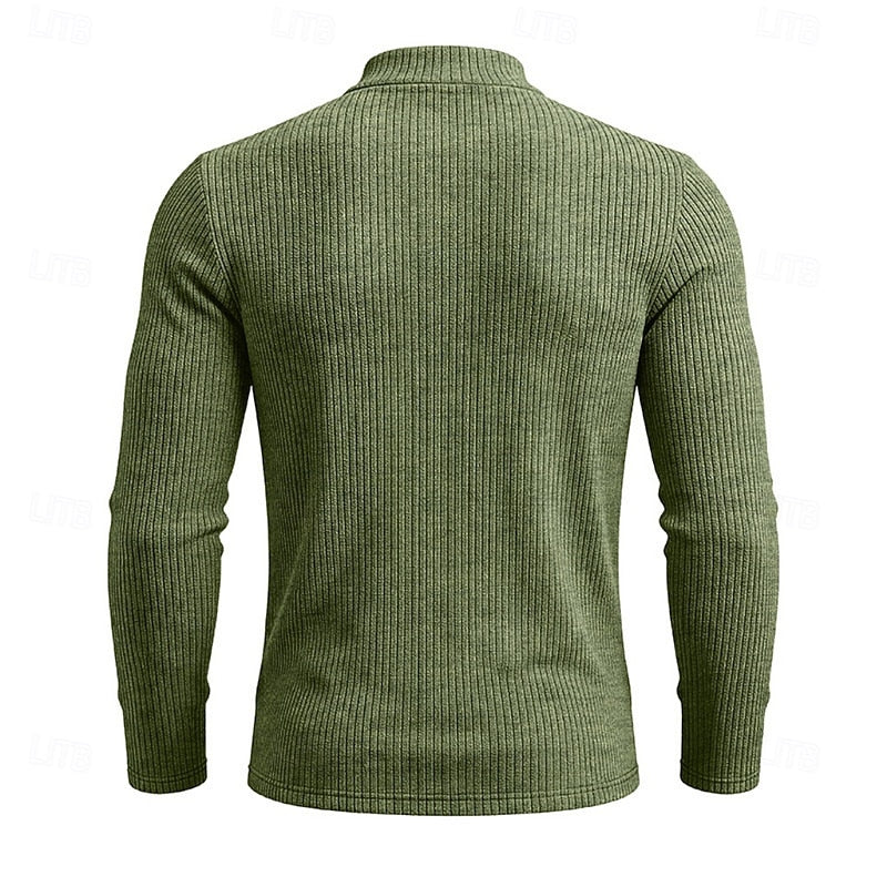Men's military green ribbed mock neck top, back view with rib detail
