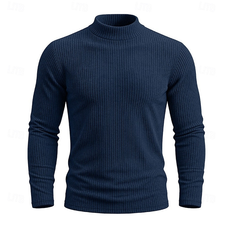 Men's navy blue ribbed mock neck top, angled product shot