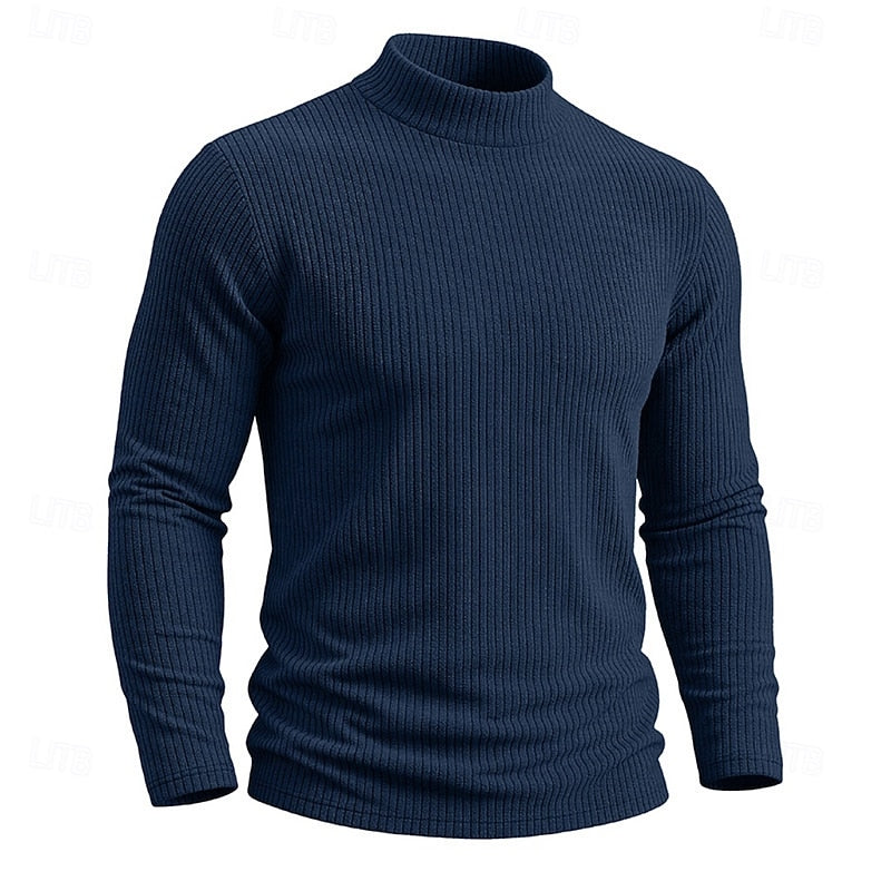 Men's navy blue ribbed mock neck top, angled product shot