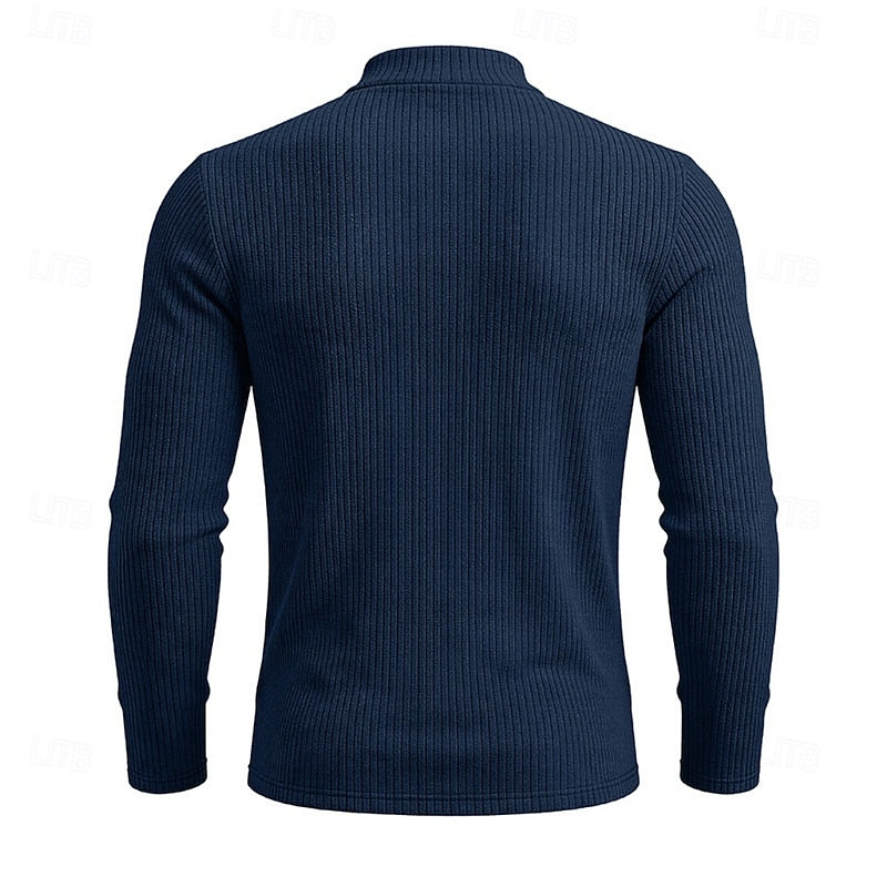Men's navy blue ribbed mock neck top, angled product shot