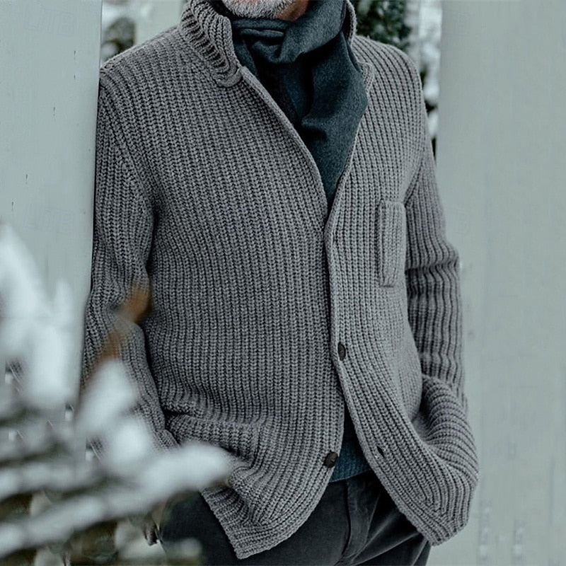 Men's gray ribbed knit cardigan with a stand collar and button front