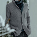 Men's gray ribbed knit cardigan with a stand collar and button front