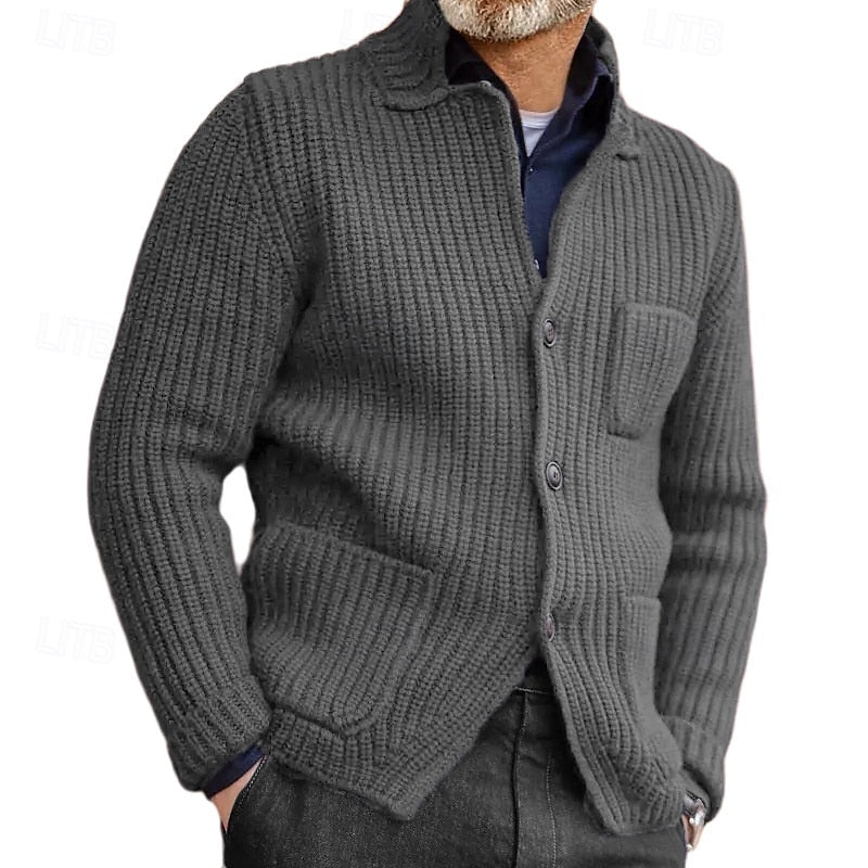 Men's black ribbed knit cardigan with a structured stand collar