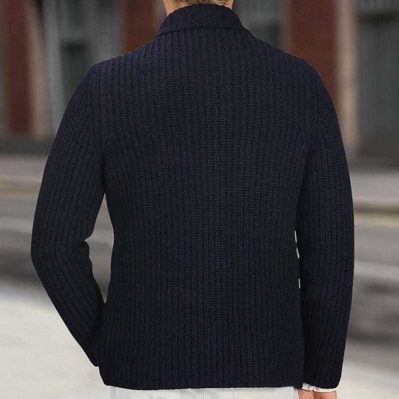 Men's navy blue ribbed knit cardigan, back view with stand collar