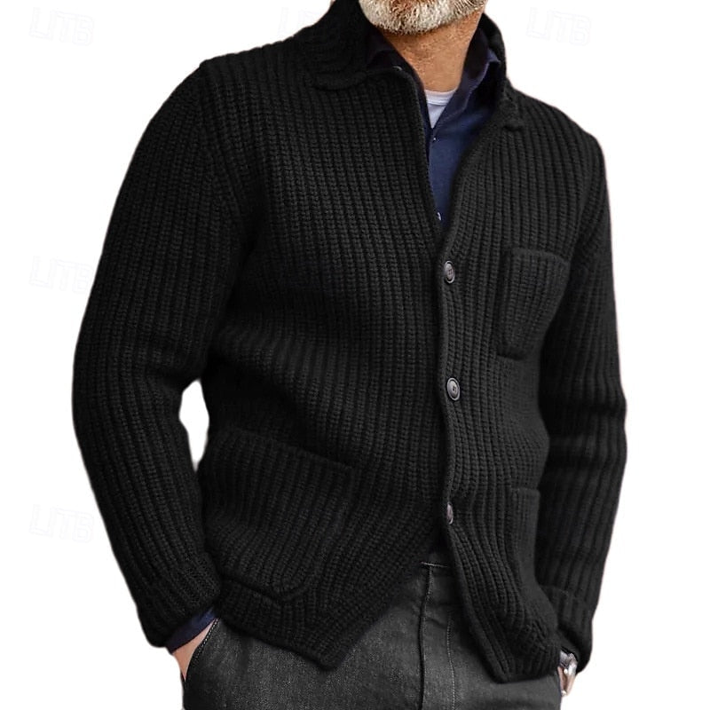 Men's black ribbed knit cardigan with front pockets and button front