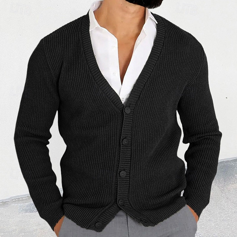 Men's black ribbed V-neck button-down cardigan