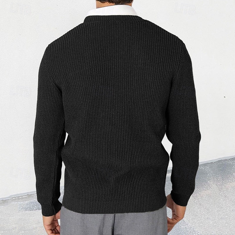 Men's black ribbed V-neck cardigan, back view