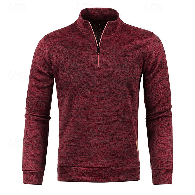Men's wine quarter-zip textured knit pullover sweater, stand-up collar