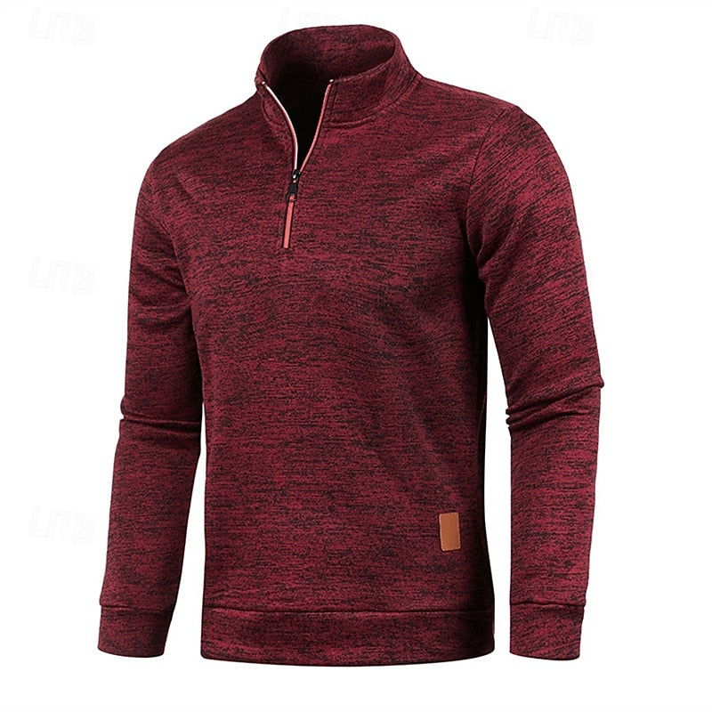 Men's wine quarter-zip textured knit pullover sweater, stand-up collar