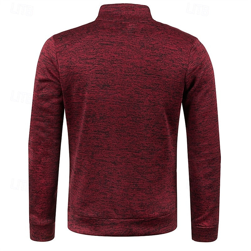 Men's wine quarter-zip textured knit pullover sweater, stand-up collar