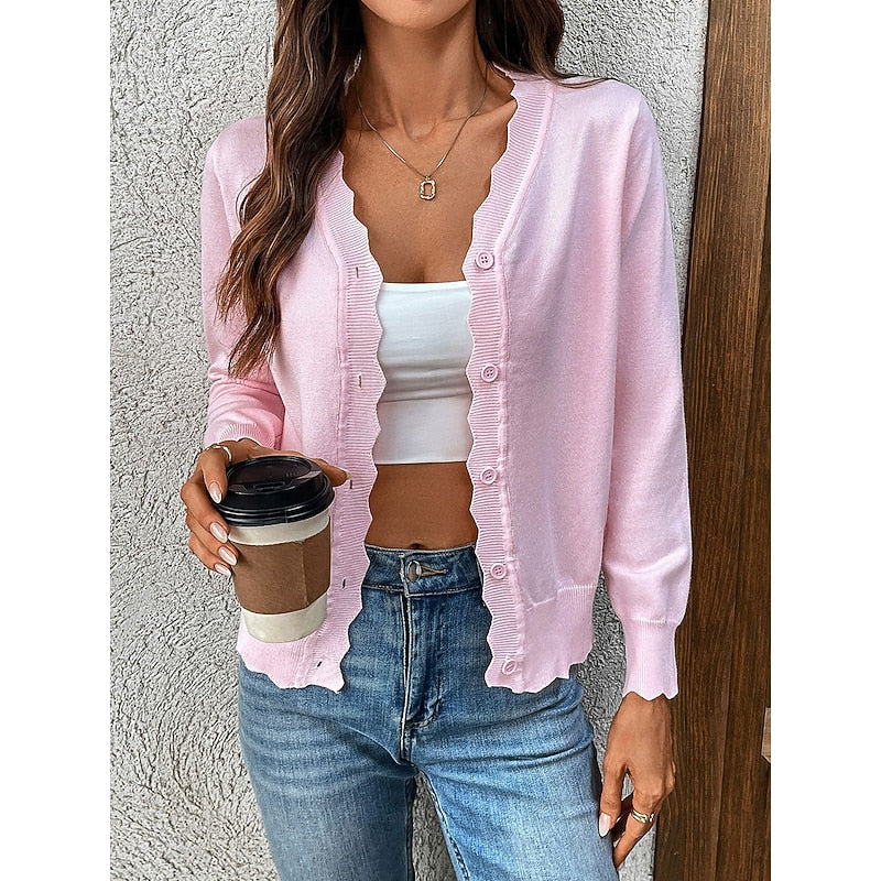 Women's v-neck scalloped cardigan with a button-front design