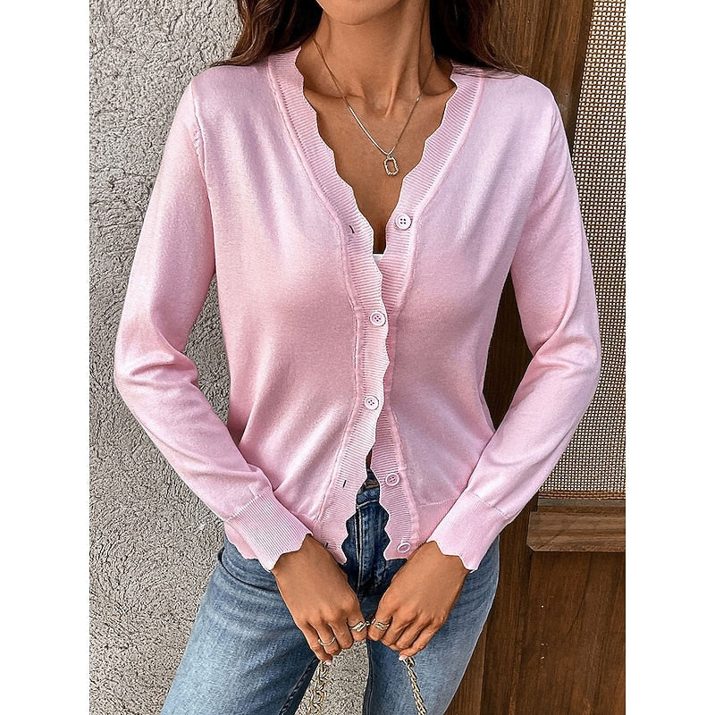 Women's v-neck scalloped cardigan with a button-front design