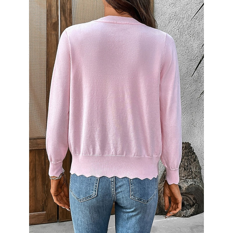 Women's v-neck scalloped cardigan with a button-front design
