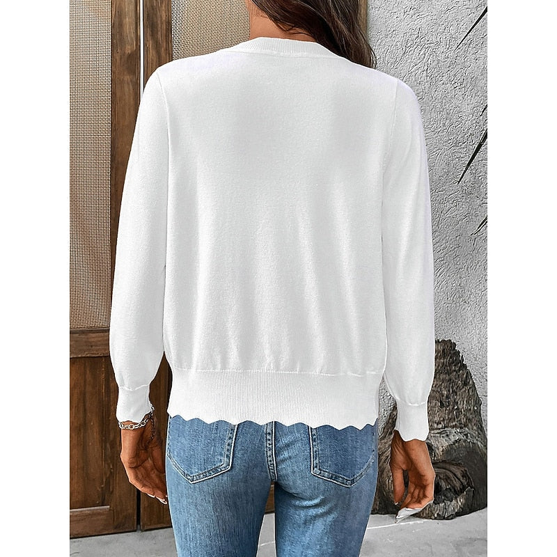 Women's v-neck scalloped cardigan with a button-front design