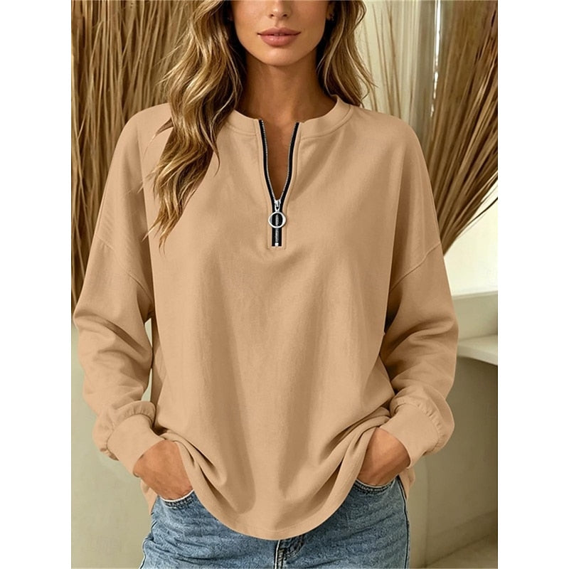 Women's khaki half-zip pullover with a relaxed, draped fit