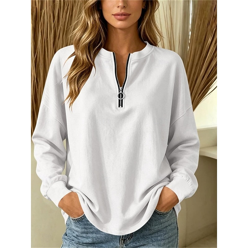 Women's white half-zip pullover with a softly draped shape