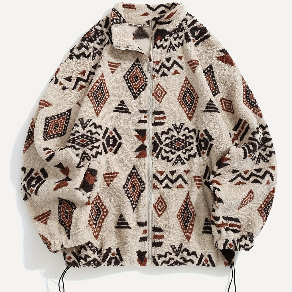 Women's plush patterned zip-up jacket with an adjustable hem