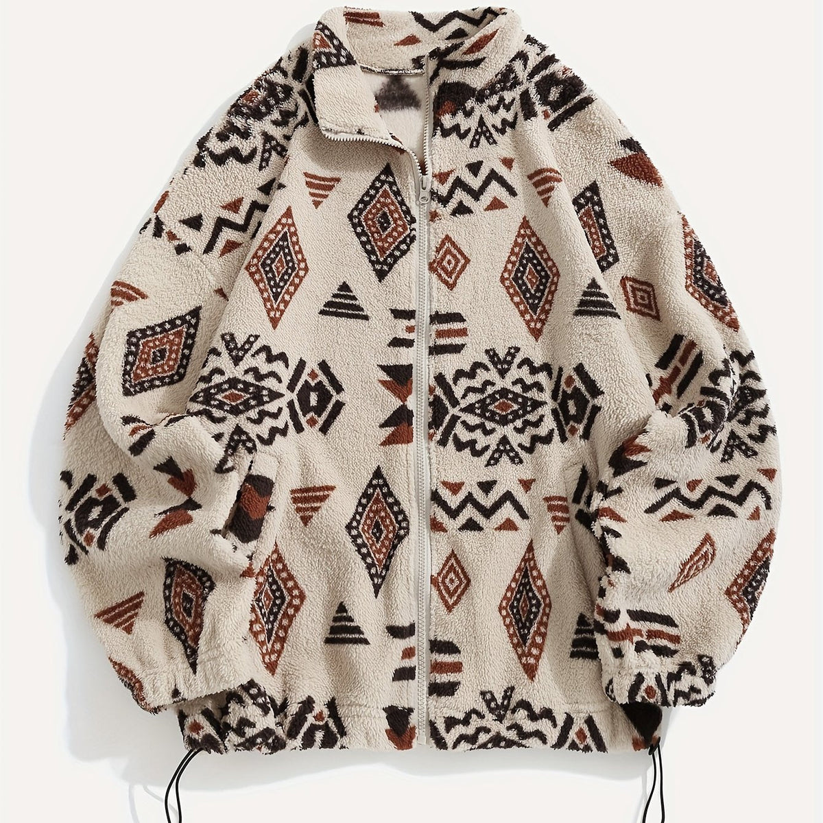 Women's plush patterned zip-up jacket with an adjustable hem