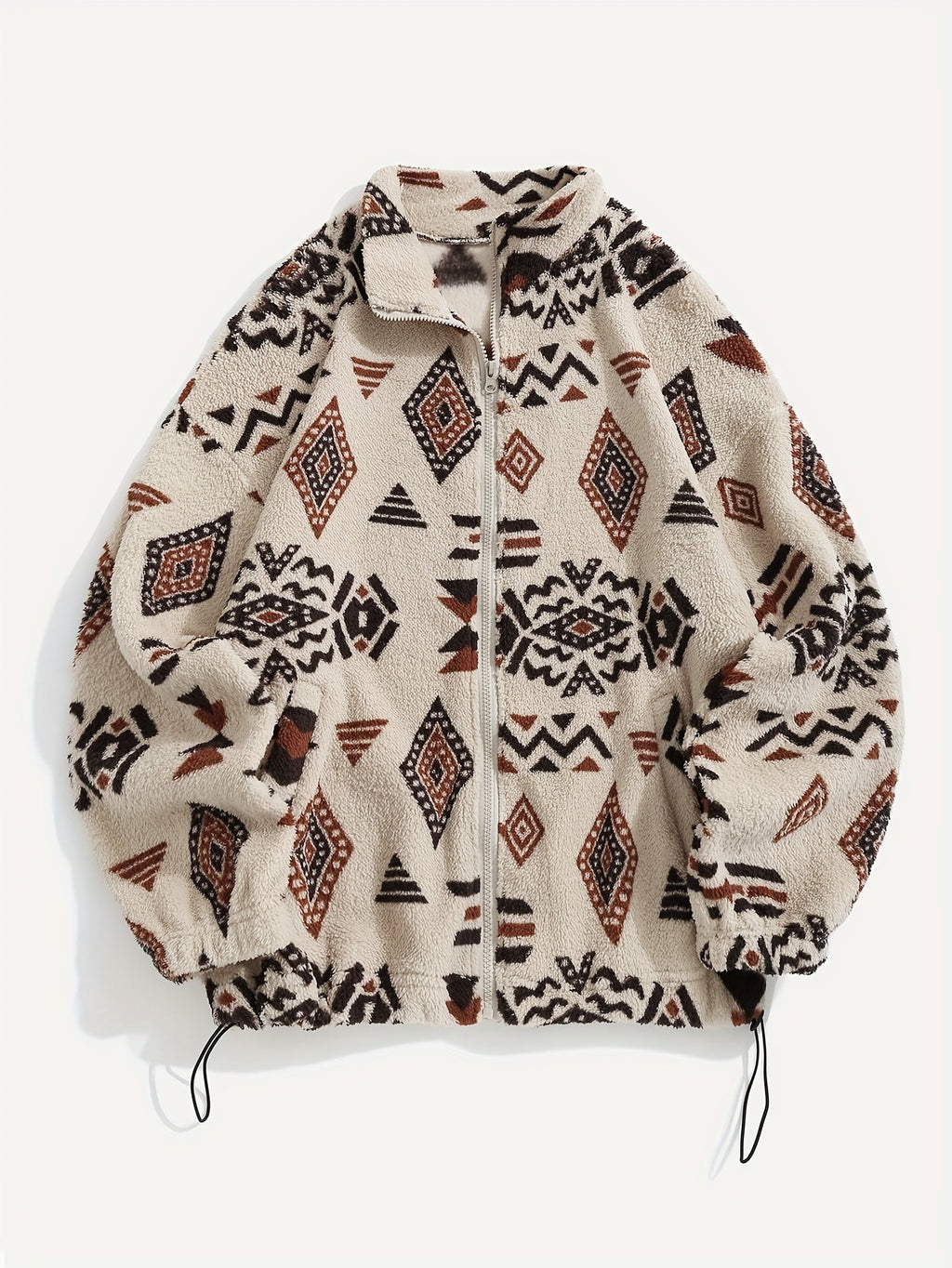 Women's plush patterned zip-up jacket with an adjustable hem