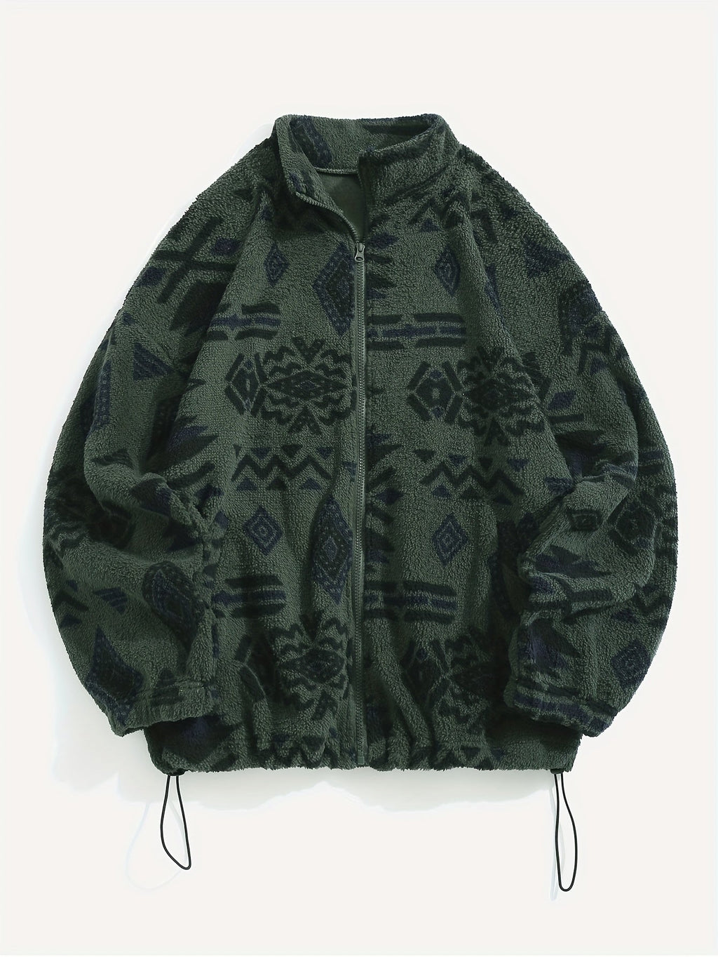 Women's plush patterned zip-up jacket with an adjustable hem