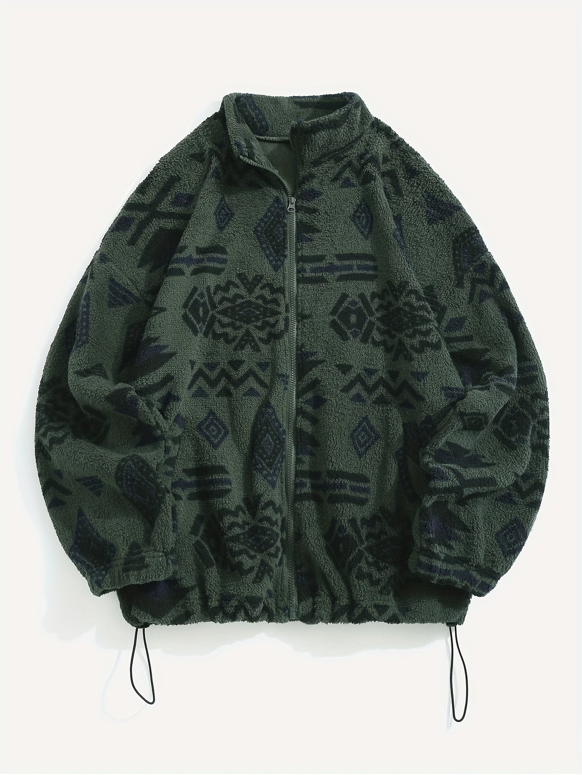 Women's plush patterned zip-up jacket with an adjustable hem