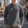 Men's dark gray waffle knit quarter-zip sweatshirt with a mock neck
