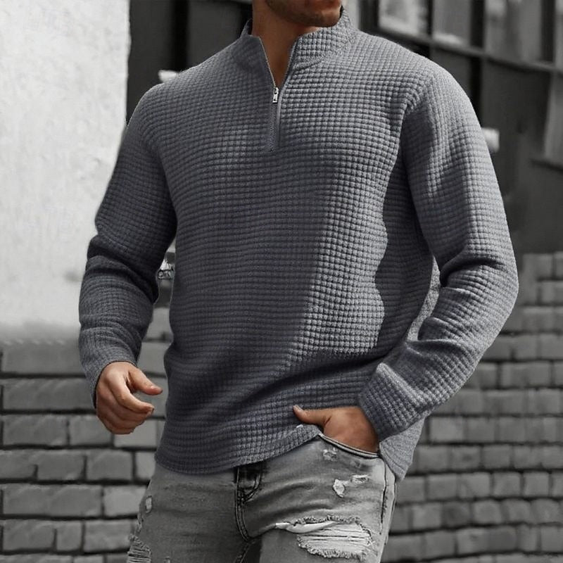 Men's dark gray waffle knit quarter-zip sweatshirt, front view