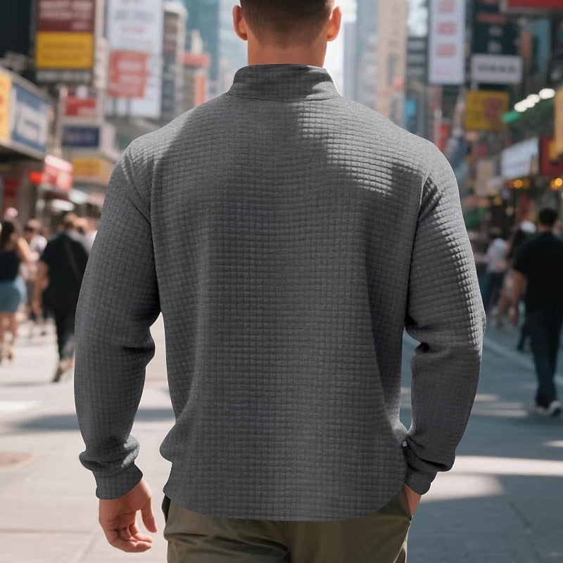 Men's dark gray waffle knit quarter-zip sweatshirt, back view