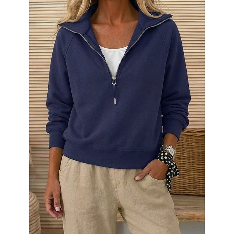 Women's navy quarter-zip sweatshirt with a lapel collar
