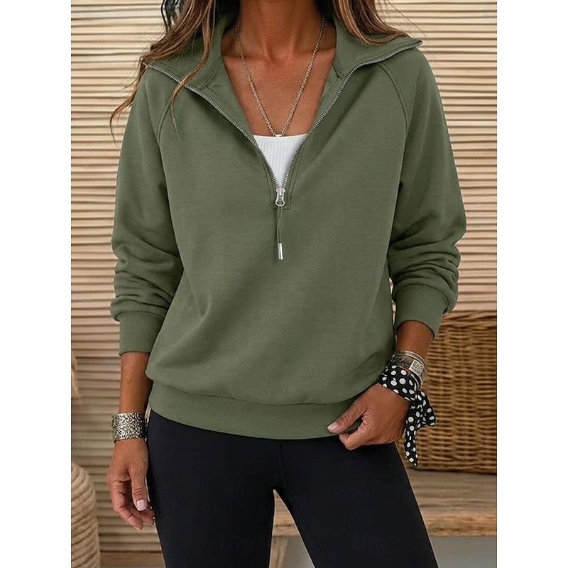 Women's olive quarter-zip sweatshirt with a lapel collar