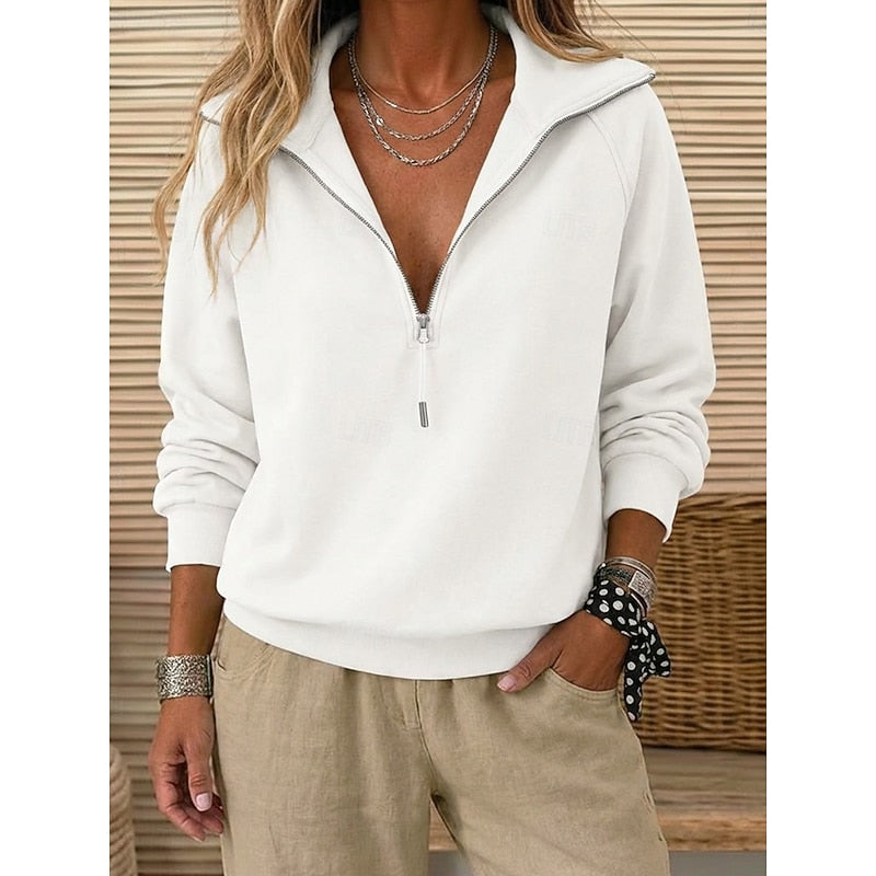 Women's white quarter-zip sweatshirt with a relaxed fit