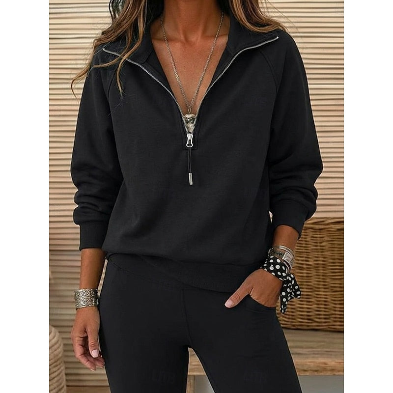 Women's black quarter-zip sweatshirt with a lapel collar