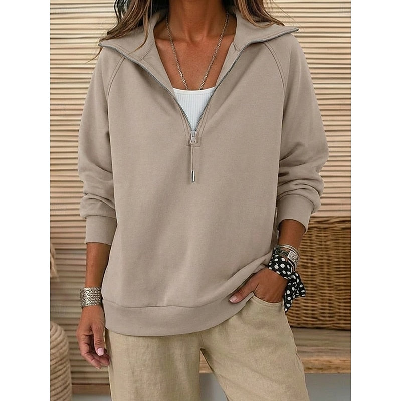 Women's khaki quarter-zip sweatshirt with a lapel collar