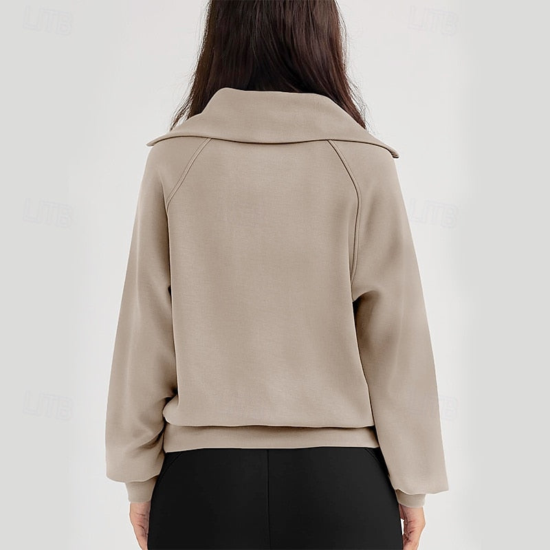 Back view of the khaki quarter-zip sweatshirt's relaxed fit