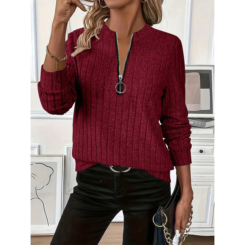 Women's burgundy ribbed knit top with an adjustable zip neckline