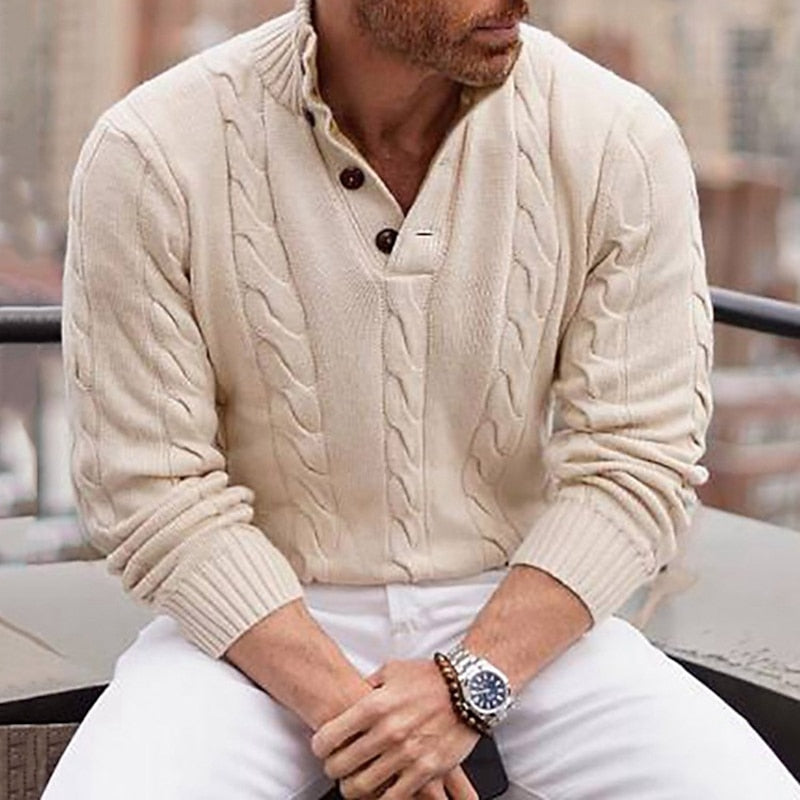 Men's apricot cable knit henley sweater with button placket