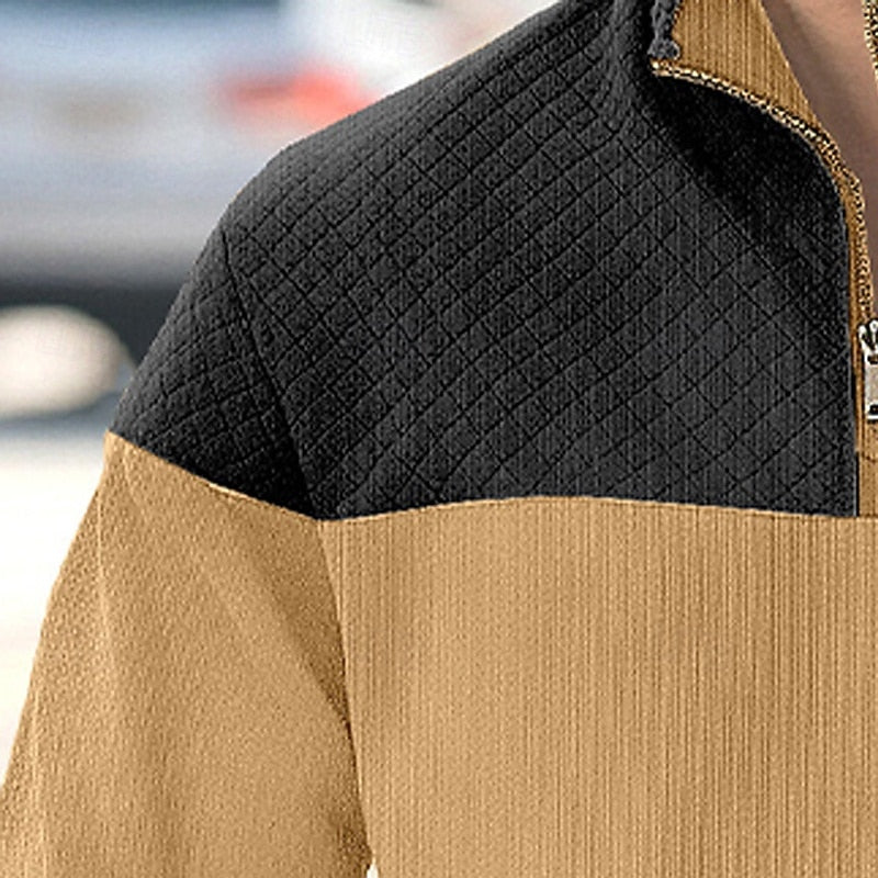 Men's khaki quarter-zip pullover with quilted color-block collar