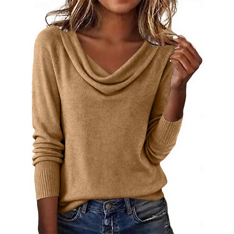 Women's draped cowl neck sweater in a relaxed long-sleeve fit