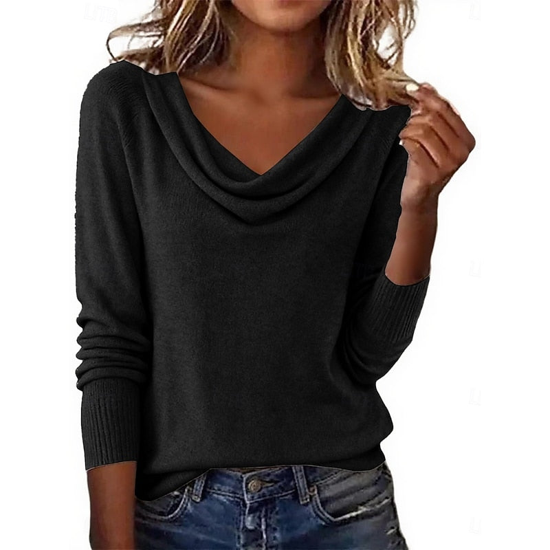 Women's draped cowl neck sweater in a relaxed long-sleeve fit