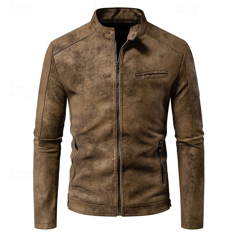 Men's brown faux leather biker jacket with a stand collar