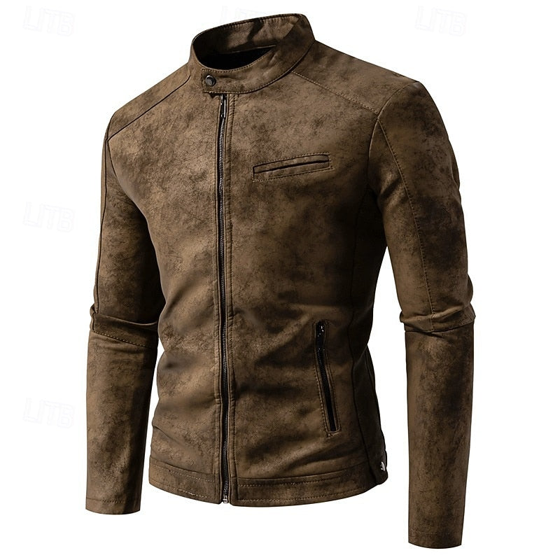 Men's brown faux leather biker jacket with a stand collar