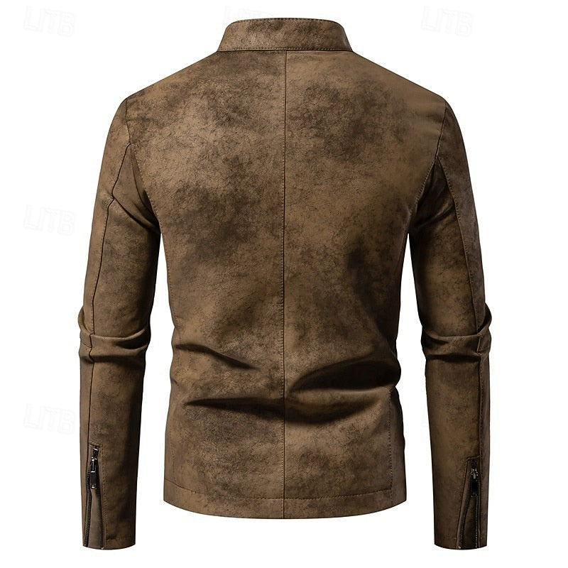 Men's brown faux leather biker jacket with a stand collar, back view