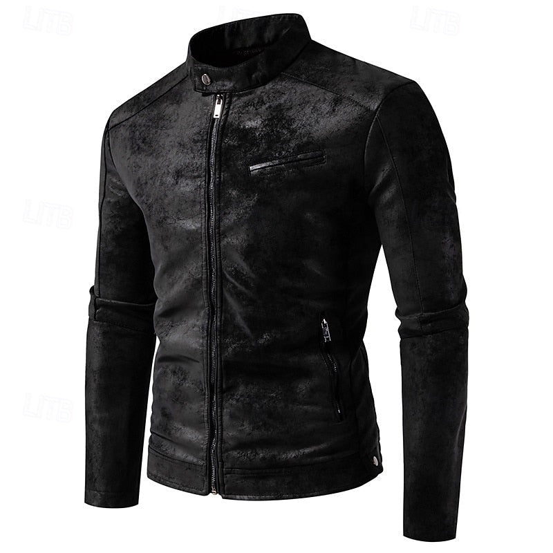 Men's black faux leather biker jacket with a stand collar