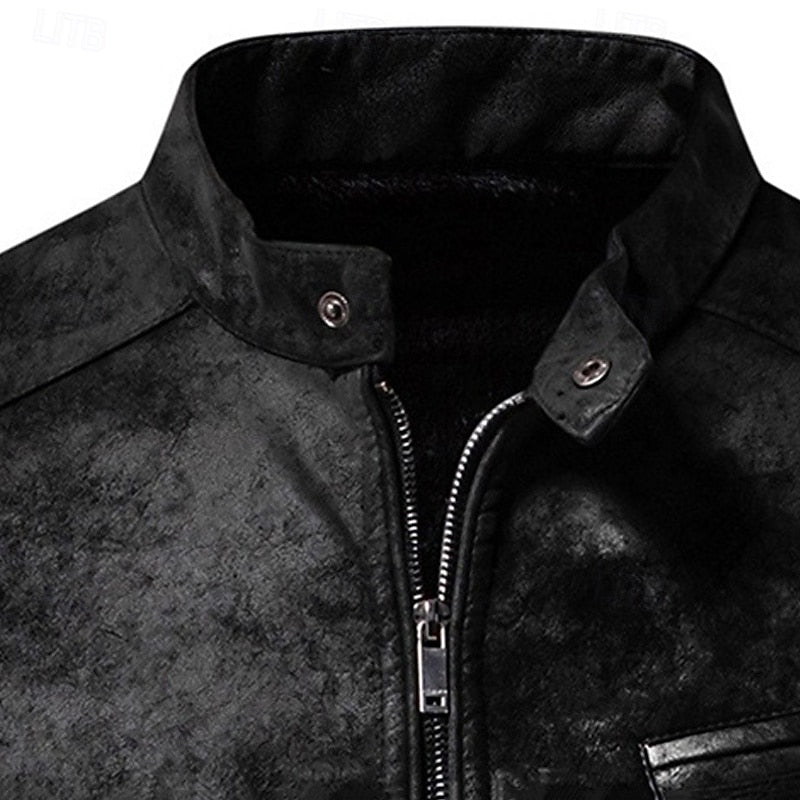 Men's black faux leather biker jacket, stand collar close-up