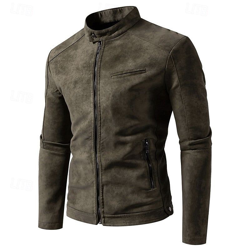 Men's black faux leather biker jacket, stand collar close-up