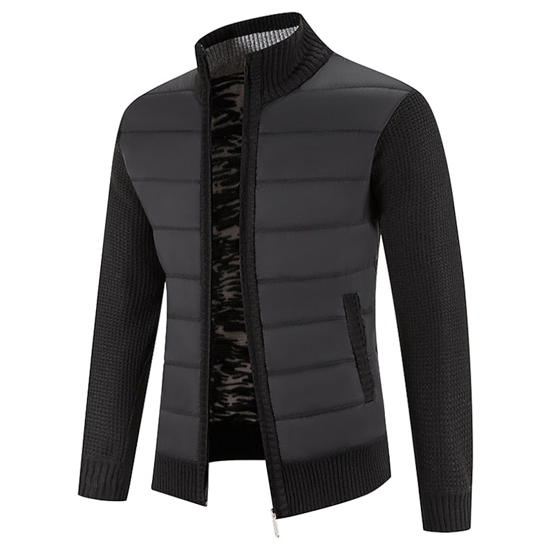 Men's black full-zip stand collar cardigan with knit sleeves