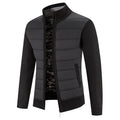 Men's black full-zip stand collar cardigan with knit sleeves