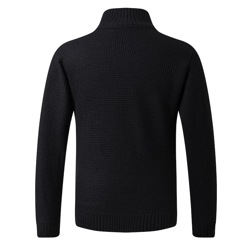 Men's black full-zip stand collar cardigan, knit back detail